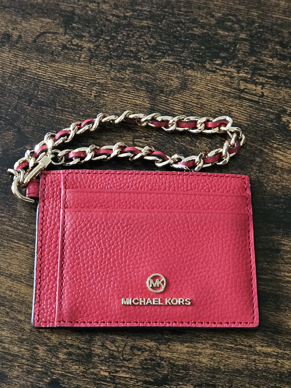 Michael Kors Red Pebbled Leather Card Holder with Gold Chain
